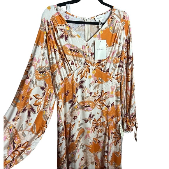 Böhme Cream Orange Floral Paisley Maxi Boho Dress Size Medium Balloon Sleeve - Picture 3 of 11